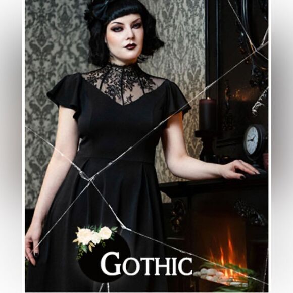 NWT Scarlet Darkness  Gothic Flutter Sleeve Lace Neck A-Line Dress Sz-24W - Picture 2 of 15